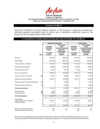 Thumbnail Capital A (Air Asia) Quarterly Report 2008-q1