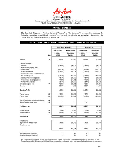Thumbnail Capital A (Air Asia) Quarterly Report 2011-q1