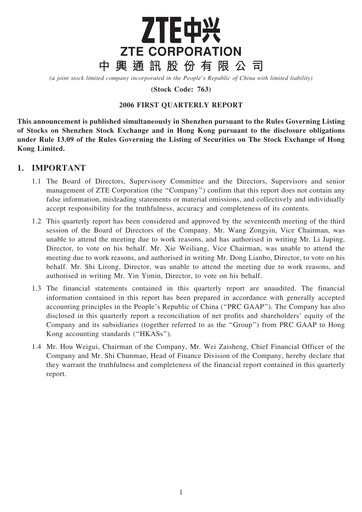 Thumbnail ZTE Quarterly Report 2006-q1