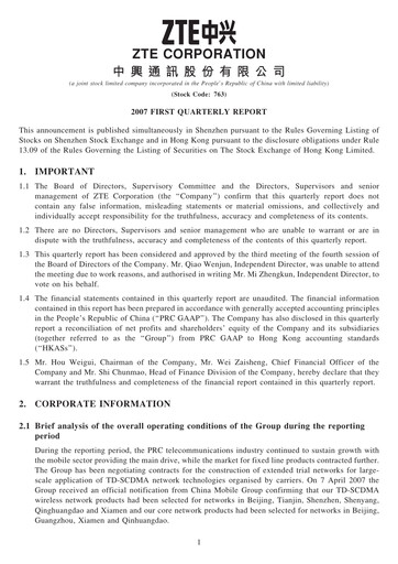 Thumbnail ZTE Quarterly Report 2007-q1
