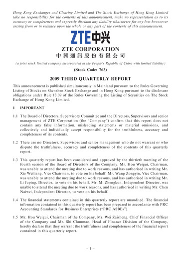 Thumbnail ZTE Quarterly Report 2009-q3