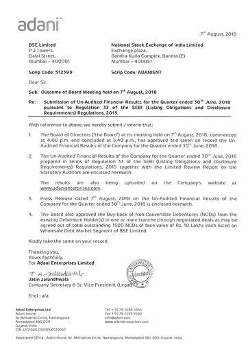 Thumbnail Adani Enterprises Quarterly Report 2018-q1