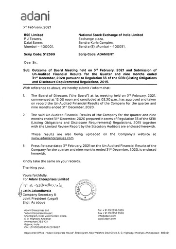 Thumbnail Adani Enterprises Quarterly Report 2020-q3