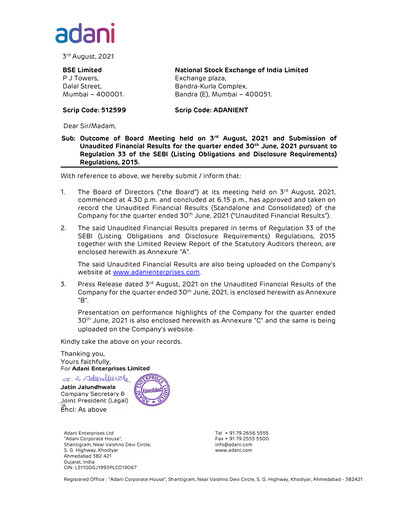 Thumbnail Adani Enterprises Quarterly Report 2021-q1