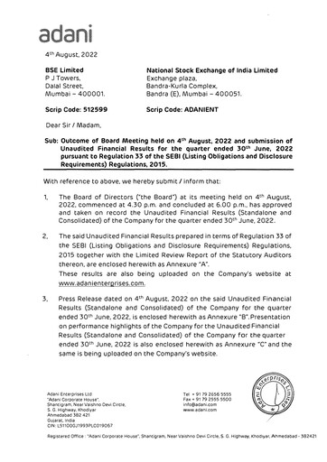Thumbnail Adani Enterprises Quarterly Report 2022-q1