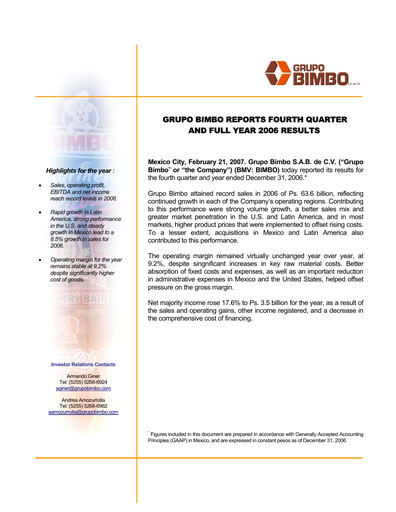 Vorschaubild Grupo Bimbo
 Finanzmitteilung fy2006