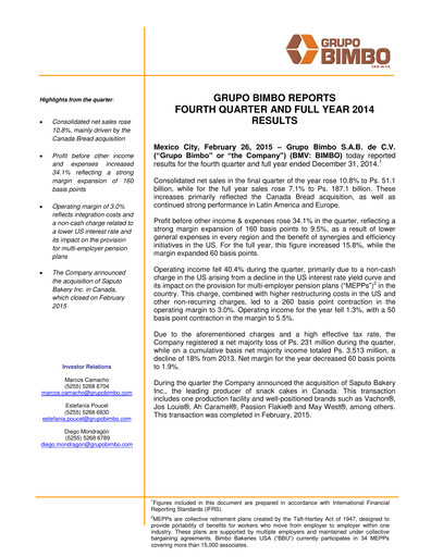 Vorschaubild Grupo Bimbo
 Finanzmitteilung fy2014