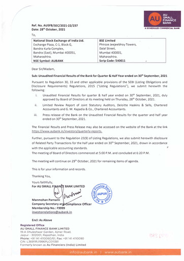 Thumbnail AU Small Finance Bank Quarterly Report 2021-q2