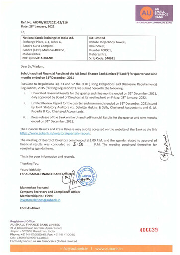 Thumbnail AU Small Finance Bank Quarterly Report 2021-q3