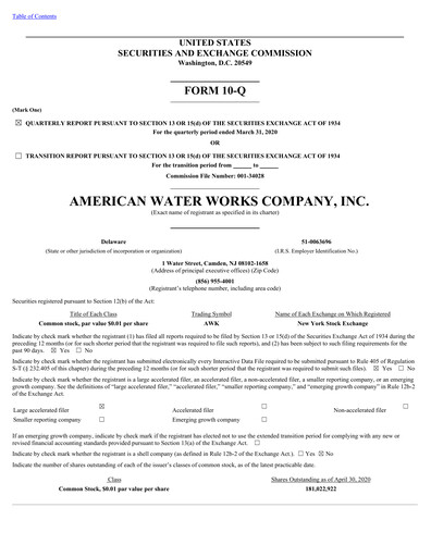 Thumbnail American Water Quarterly Report 2020-q1