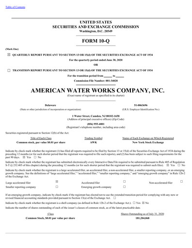 Thumbnail American Water Quarterly Report 2020-q2