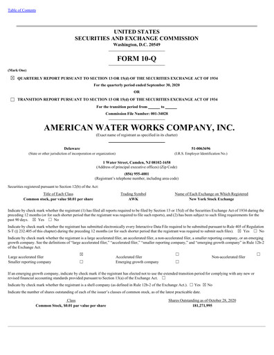 Thumbnail American Water Quarterly Report 2020-q3