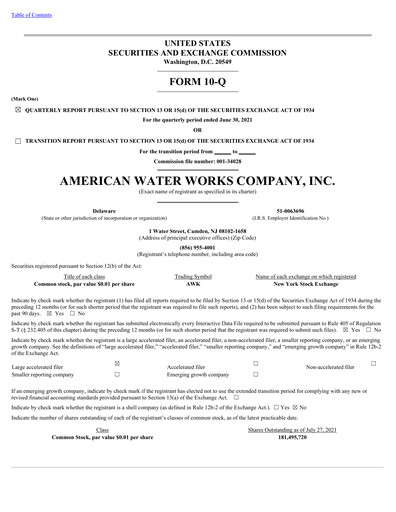 Thumbnail American Water Quarterly Report 2021-q2