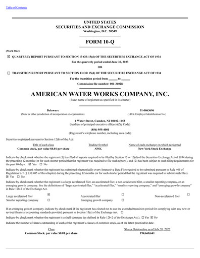 Thumbnail American Water Quarterly Report 2023-q2