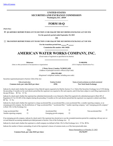 Thumbnail American Water Quarterly Report 2023-q3