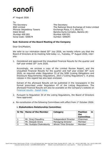 Thumbnail Sanofi India Limited Half-year Report 2026-h1