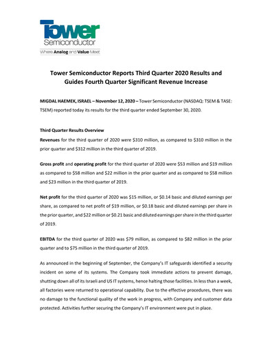 Thumbnail Tower Semiconductor Quarterly Report 2020-q3