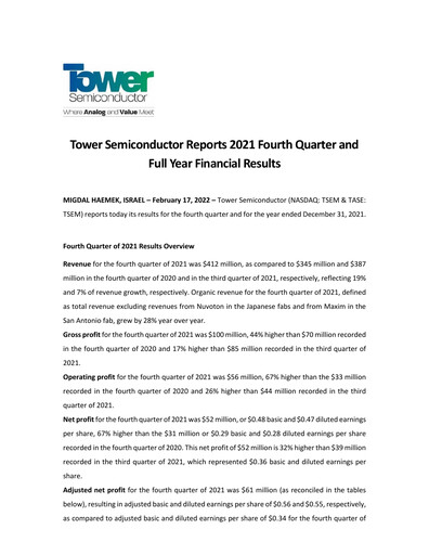 Thumbnail Tower Semiconductor Quarterly Report 2021-q4