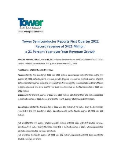 Thumbnail Tower Semiconductor Quarterly Report 2022-q1