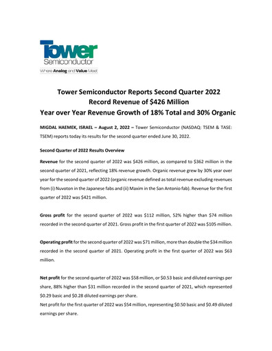 Thumbnail Tower Semiconductor Quarterly Report 2022-q2