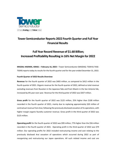 Thumbnail Tower Semiconductor Quarterly Report 2022-q4