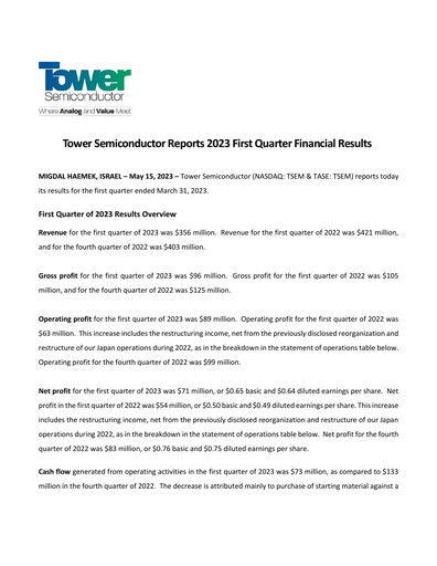 Thumbnail Tower Semiconductor Quarterly Report 2023-q1