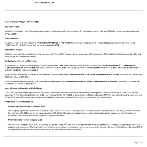 Miniature Oman & Emirates Investment Holding Co. Rapport semestriel 2025-h1