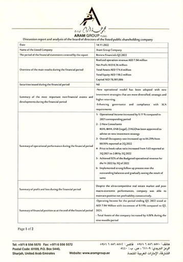 Miniature Aram Group Rapport trimestriel 2022-q3