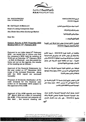 Miniature RAK Properties Bilan financier 2015