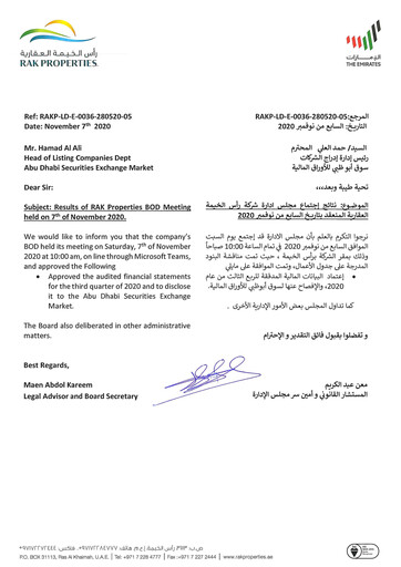 Thumbnail RAK Properties Financial Statement 2020-q3