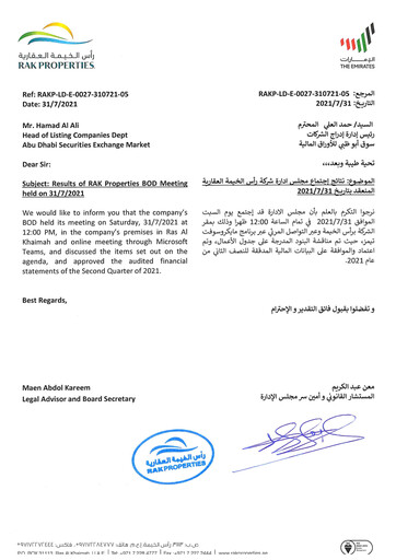 Miniature RAK Properties Bilan financier 2021-h1