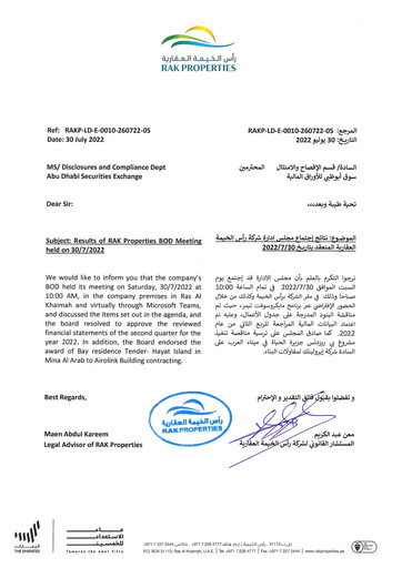 Miniature RAK Properties Bilan financier 2022-h1