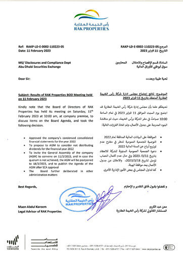 Miniature RAK Properties Bilan financier 2022