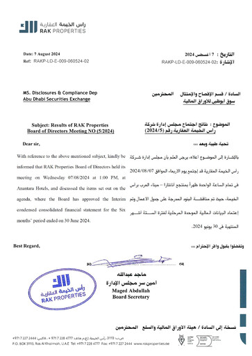 Miniature RAK Properties Bilan financier 2024-h1