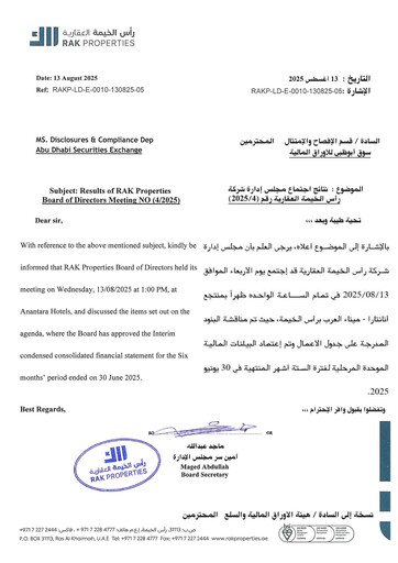 Miniature RAK Properties Bilan financier 2025-h1