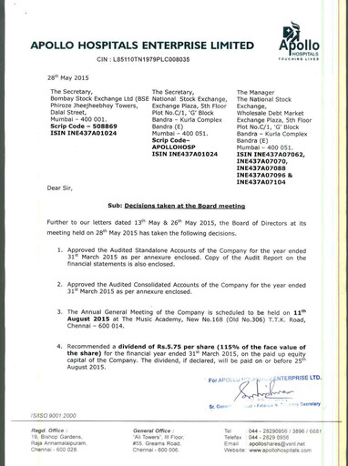 Miniature Apollo Hospitals
 Rapport financier 2014-2015