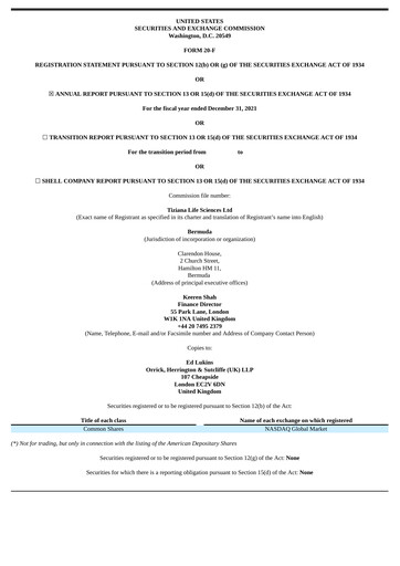 Thumbnail Tiziana Life Sciences Annual Report 2021