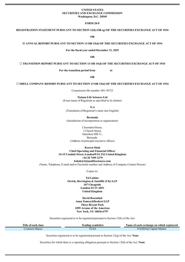 Thumbnail Tiziana Life Sciences Annual Report 2025