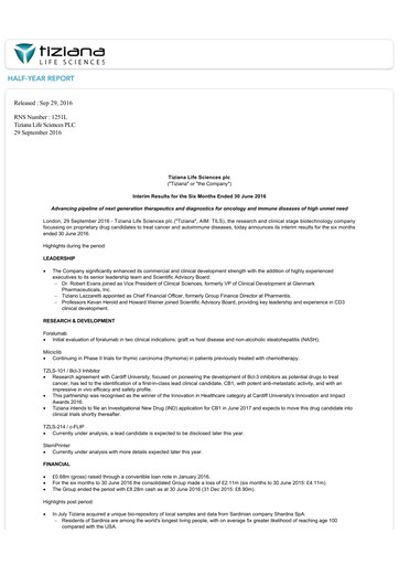 Vorschaubild Tiziana Life Sciences Finanzmitteilung 2016-h1