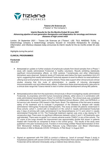 Vorschaubild Tiziana Life Sciences Finanzmitteilung 2021-h1