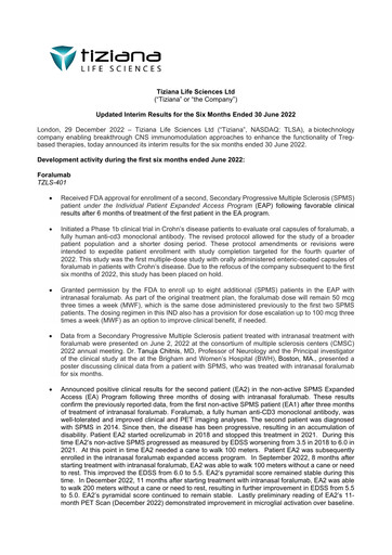 Vorschaubild Tiziana Life Sciences Finanzmitteilung 2022-h1