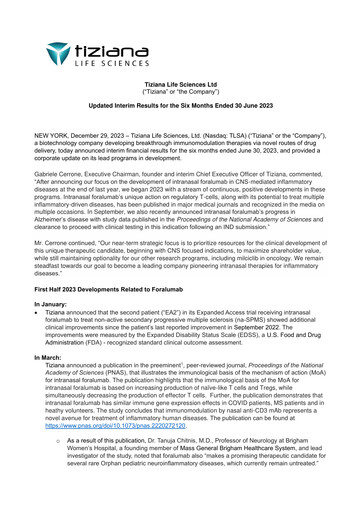 Vorschaubild Tiziana Life Sciences Finanzmitteilung 2023-h1