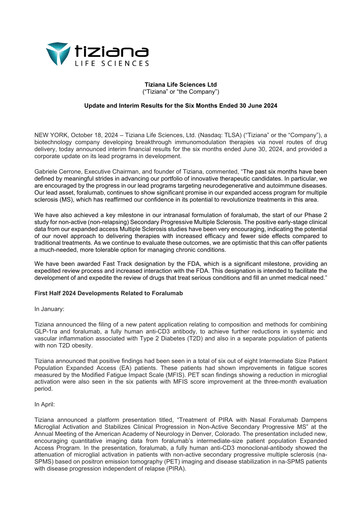 Vorschaubild Tiziana Life Sciences Finanzmitteilung 2024-h1