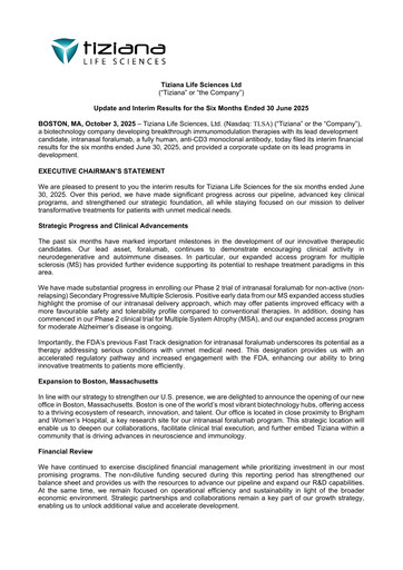 Vorschaubild Tiziana Life Sciences Finanzmitteilung 2025-h1