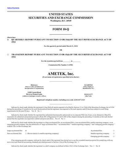 Thumbnail Ametek Quarterly Report 2018-q1