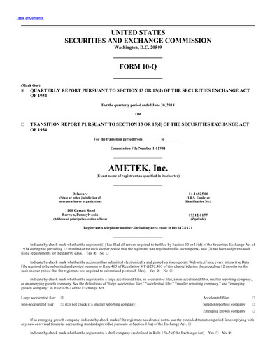 Thumbnail Ametek Quarterly Report 2018-q2