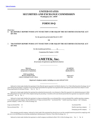 Thumbnail Ametek Quarterly Report 2019-q1