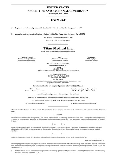 Thumbnail Titan Medical Annual Report 2018