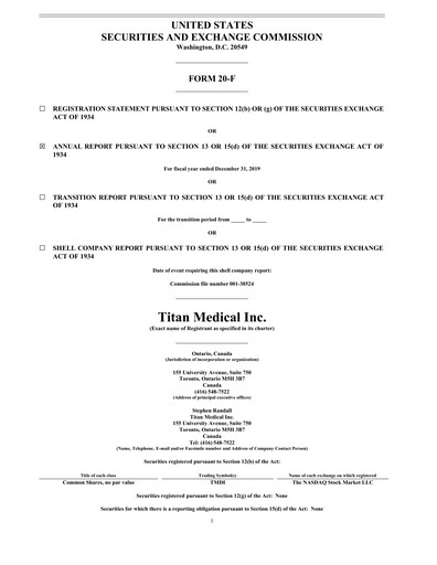 Thumbnail Titan Medical Annual Report 2019