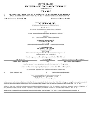 Thumbnail Titan Medical Annual Report 2020